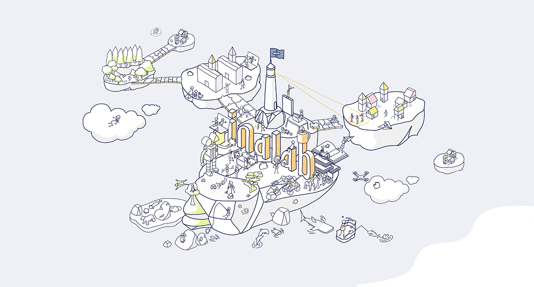 inalab の活動を描いた浮島のイラスト